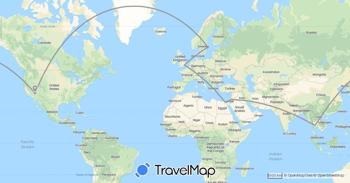 TravelMap itinerary: driving, plane in Egypt, United Kingdom, Jordan, Sweden, Thailand, United States (Africa, Asia, Europe, North America)